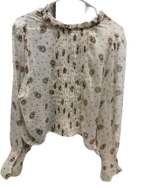 NATURAL LIFE Sheer Cream Floral Pintuck Ruffle Blouse Women’s L Boho Romantic